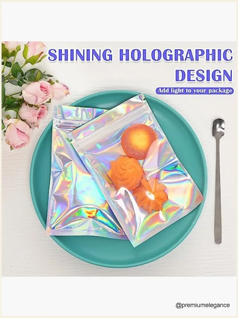 100 Pcs Holographic Mylar Bags - Resealable Smell Proof Foil Bags for Treats,